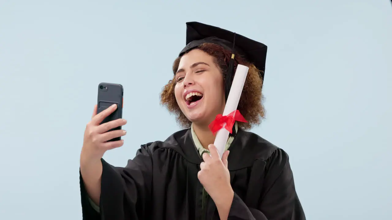 Graduate selfie and woman in studio with diploma