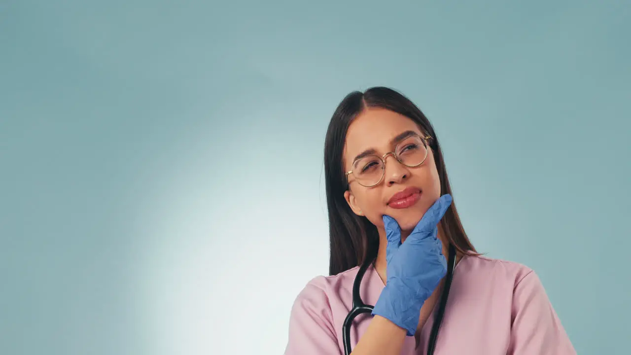 Studio woman face and doctor thinking of medical