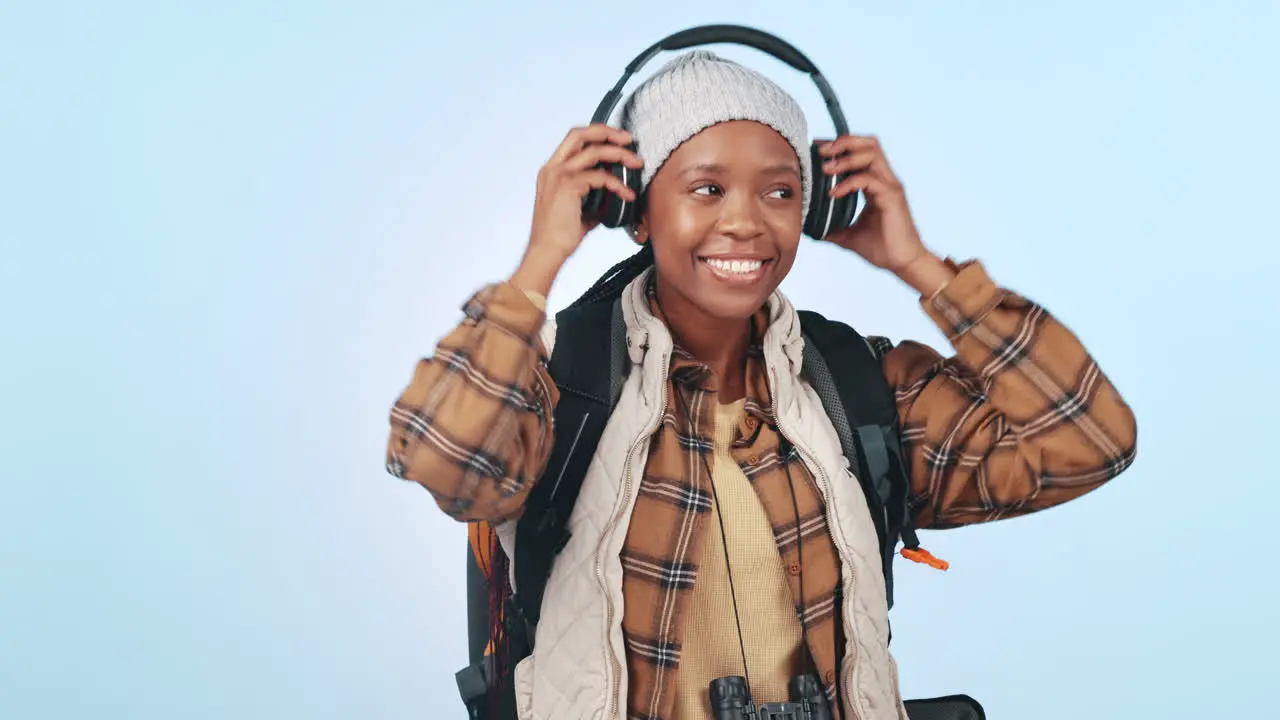 Happy woman headphones or dance for travel