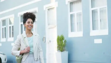 Fashion and happy smile woman walking in city