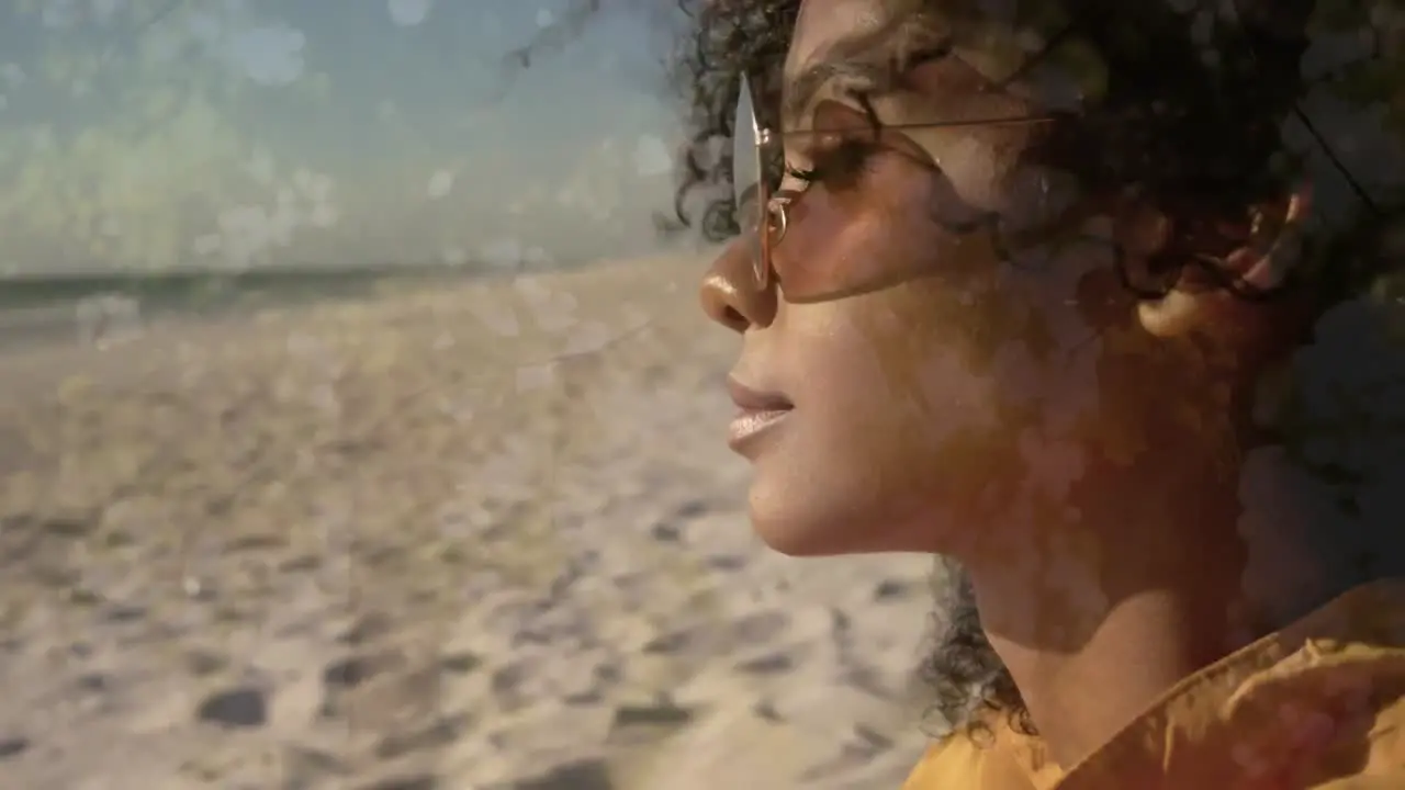 Animation of biracial woman face over seascape