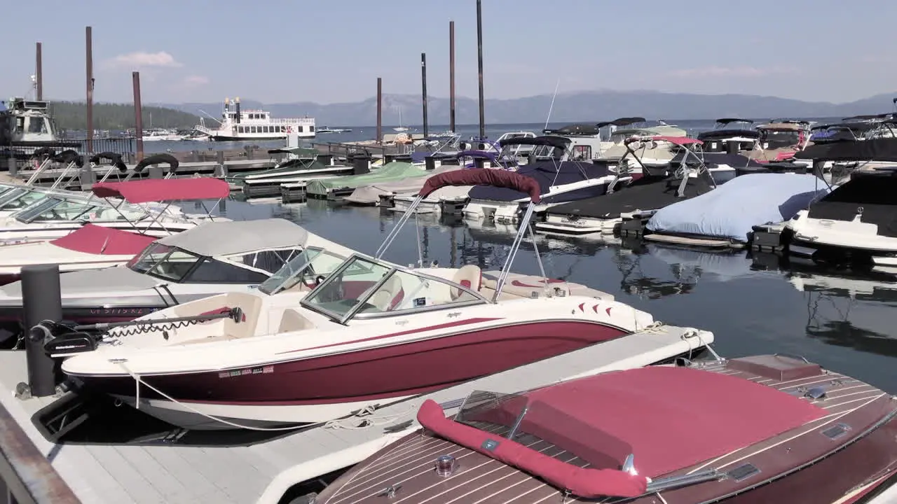 Boats parked in a marina on Lake Tahoe