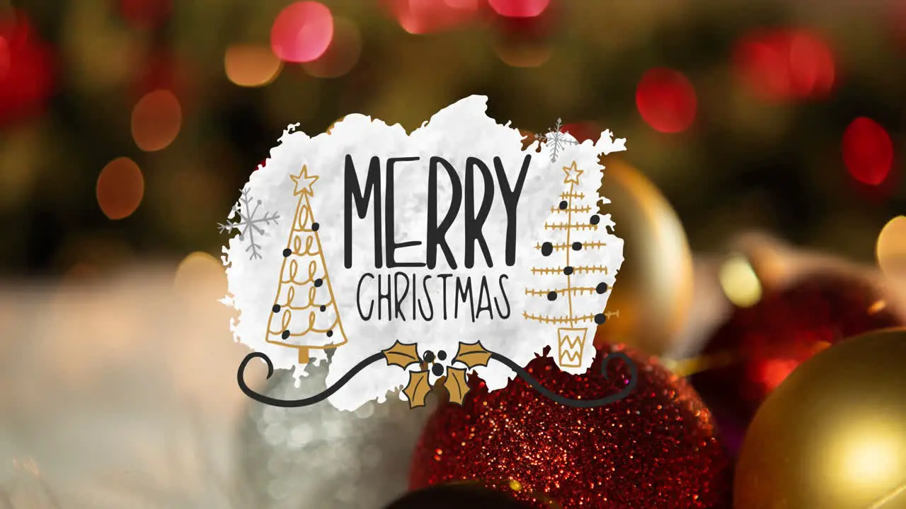 Animation of merry christmas text with trees over baubles against lens flares