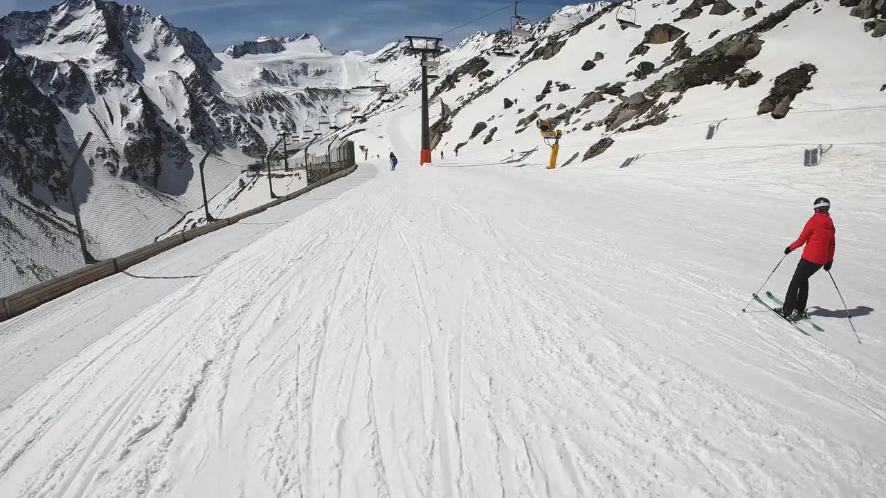 POV Shot Of Skier Skiing Down Snow Covered Mountain Slope Solden Austria 3