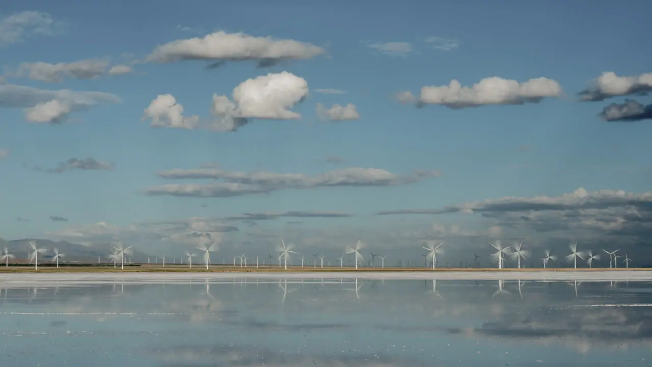 Wind turbines spin near the water under a blue sky