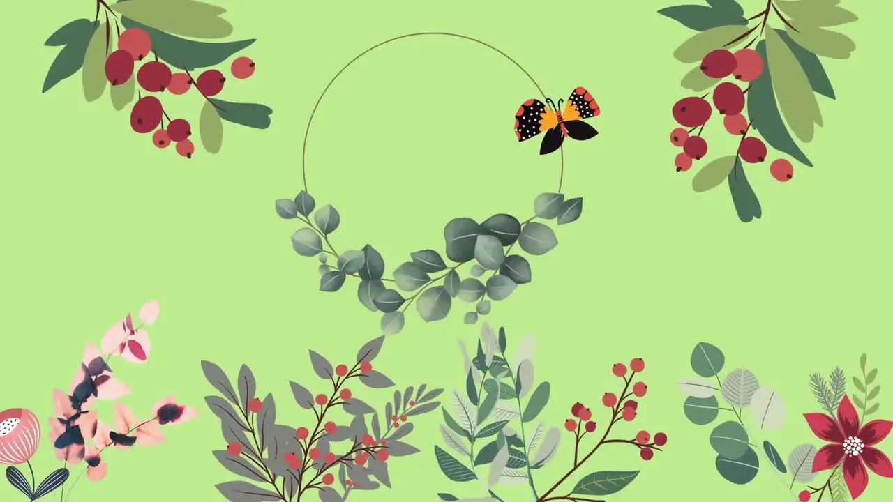 Animation of foliage flowers and red berries with central ring and butterfly on green background