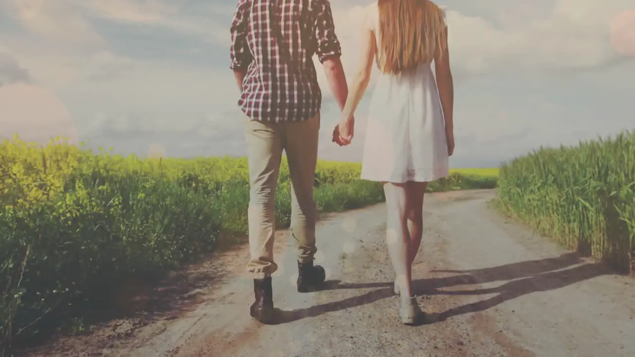 Multiple light spots floating against rear view of caucasian couple holding hands walking