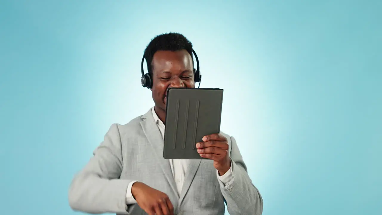 Happy black man tablet and call center