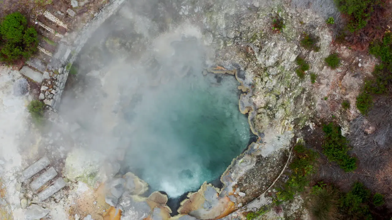 Aerial drone shot of Furnas volcanic natural geothermal hot springs in Sao Miguel in the Azores Islands Atlantic Ocean Portugal