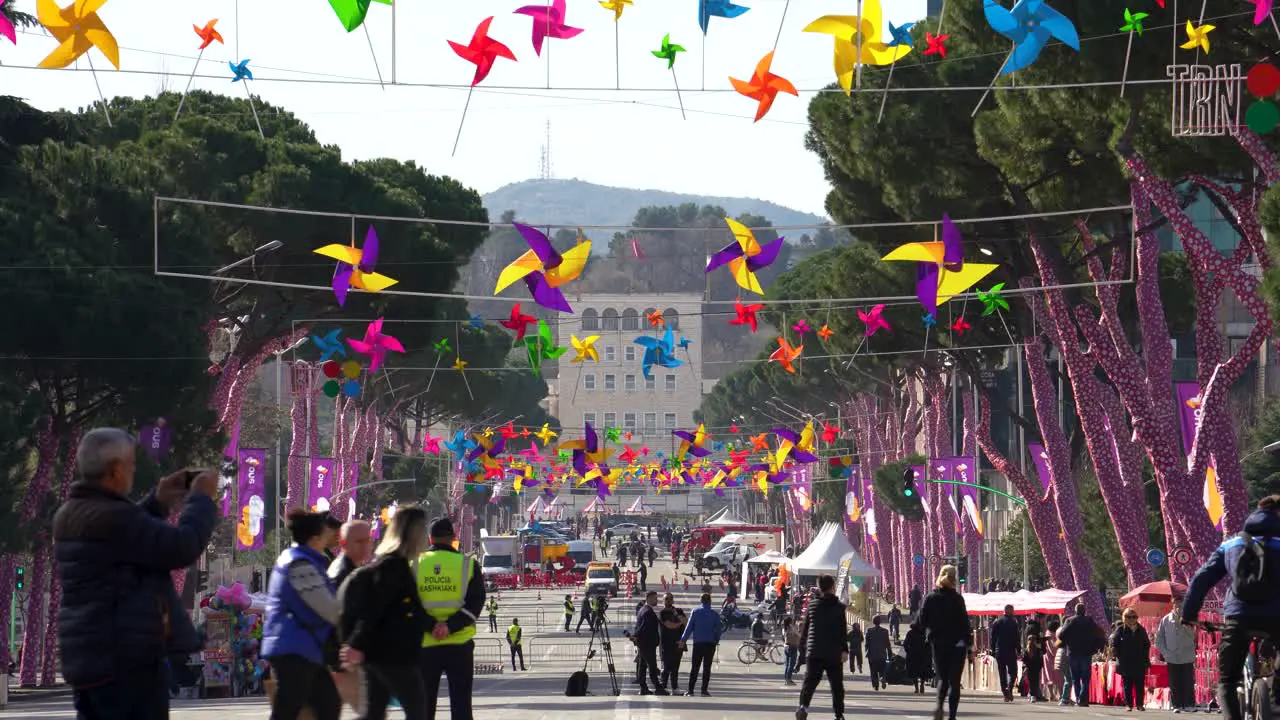 Streets of Tirana decorated with colorful design elements for nationals festivities of the Spring Day