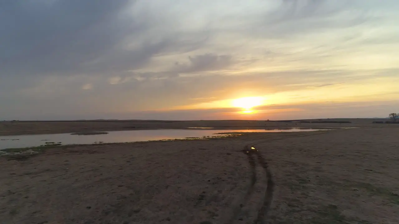 Aerial view of spring sunrise over lake