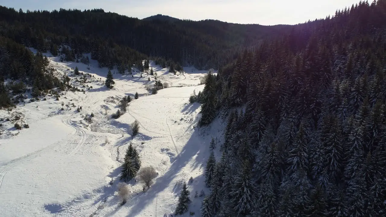 AERIAL Flying above a Mountainous area covered with snow and forests