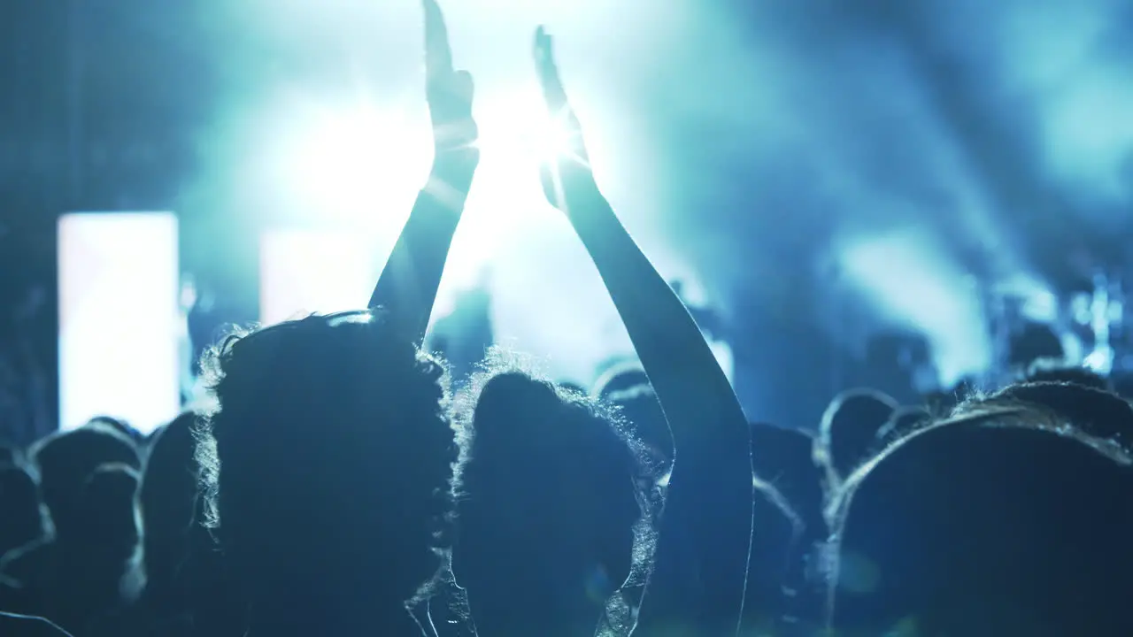 At the concert Girl fan applauding to music band