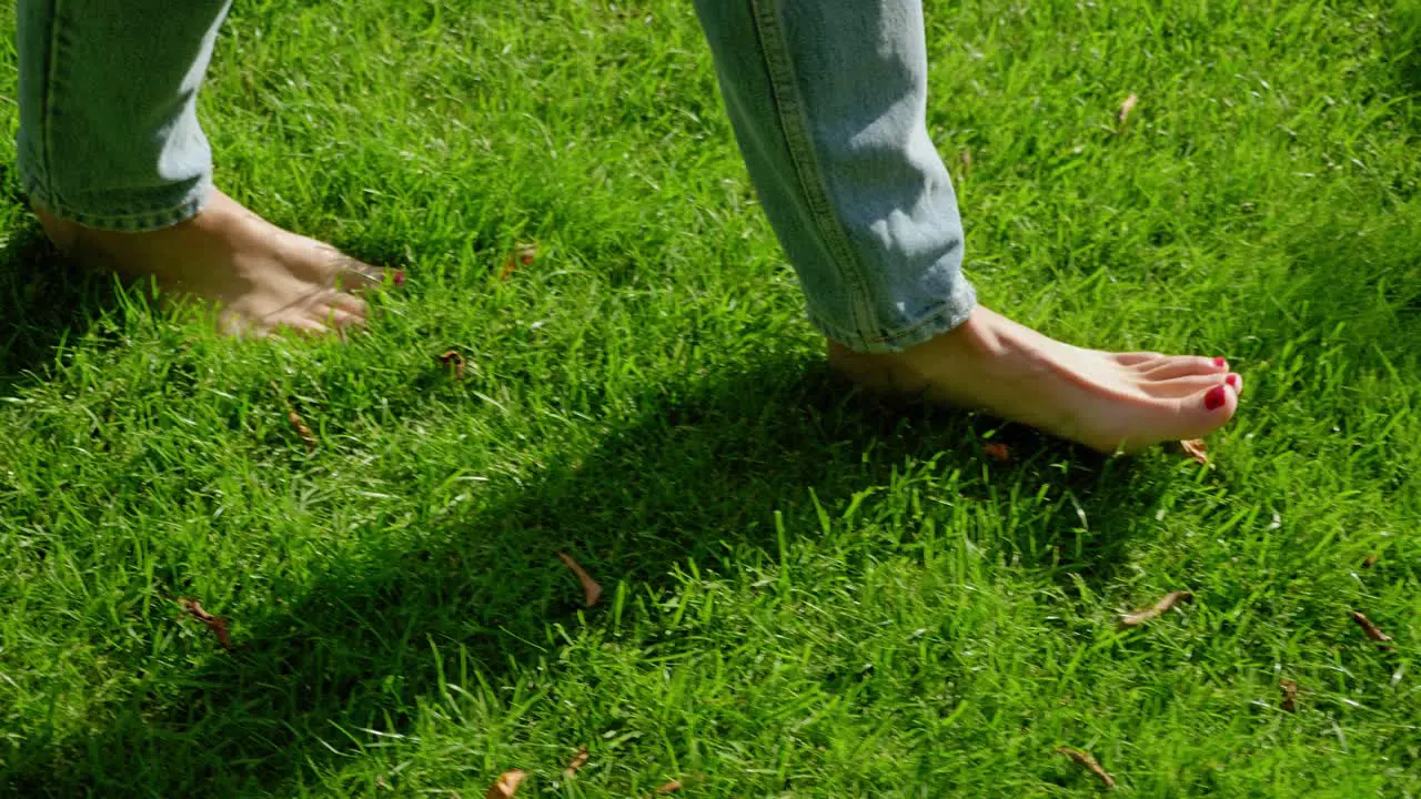 Slow motion close up side shot following a woman walking barefoot in jeans through a green lush lawn casting a shadow towards the camera