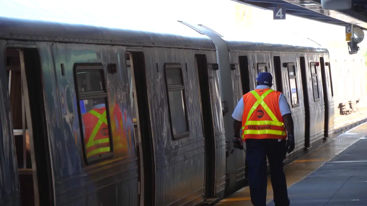 Man walking away from train check if passengers left the train