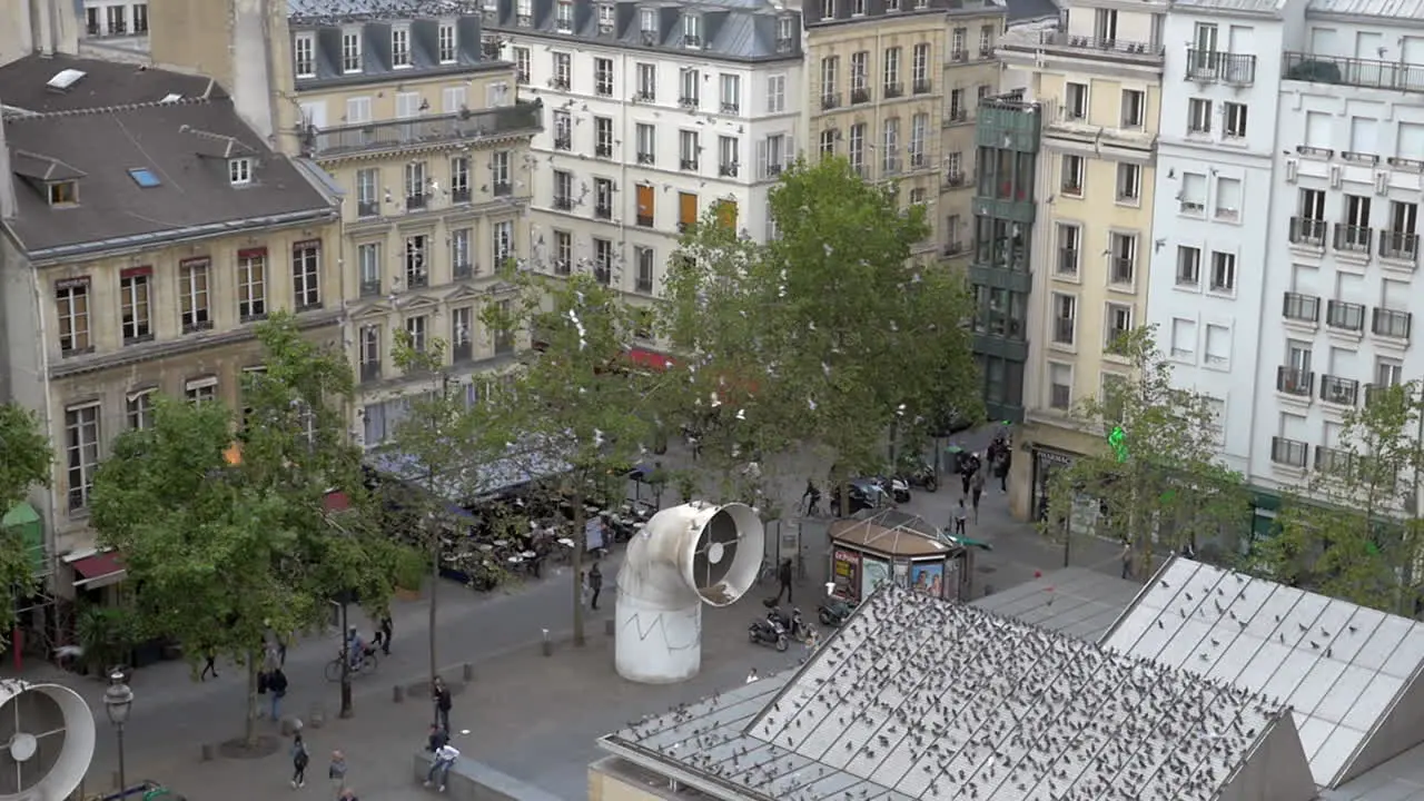 Flock of pigeons flying on the city square in Paris