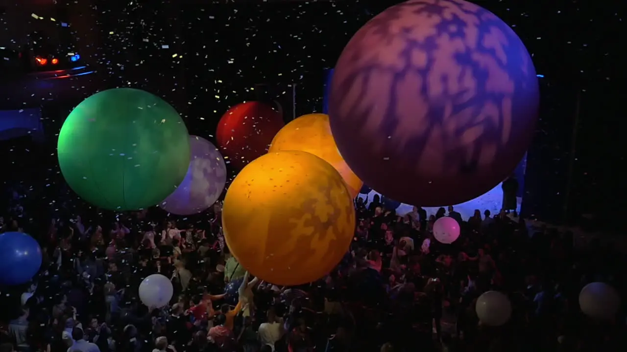 Audience having fun with balloons on SnowShow by Slava Polunin