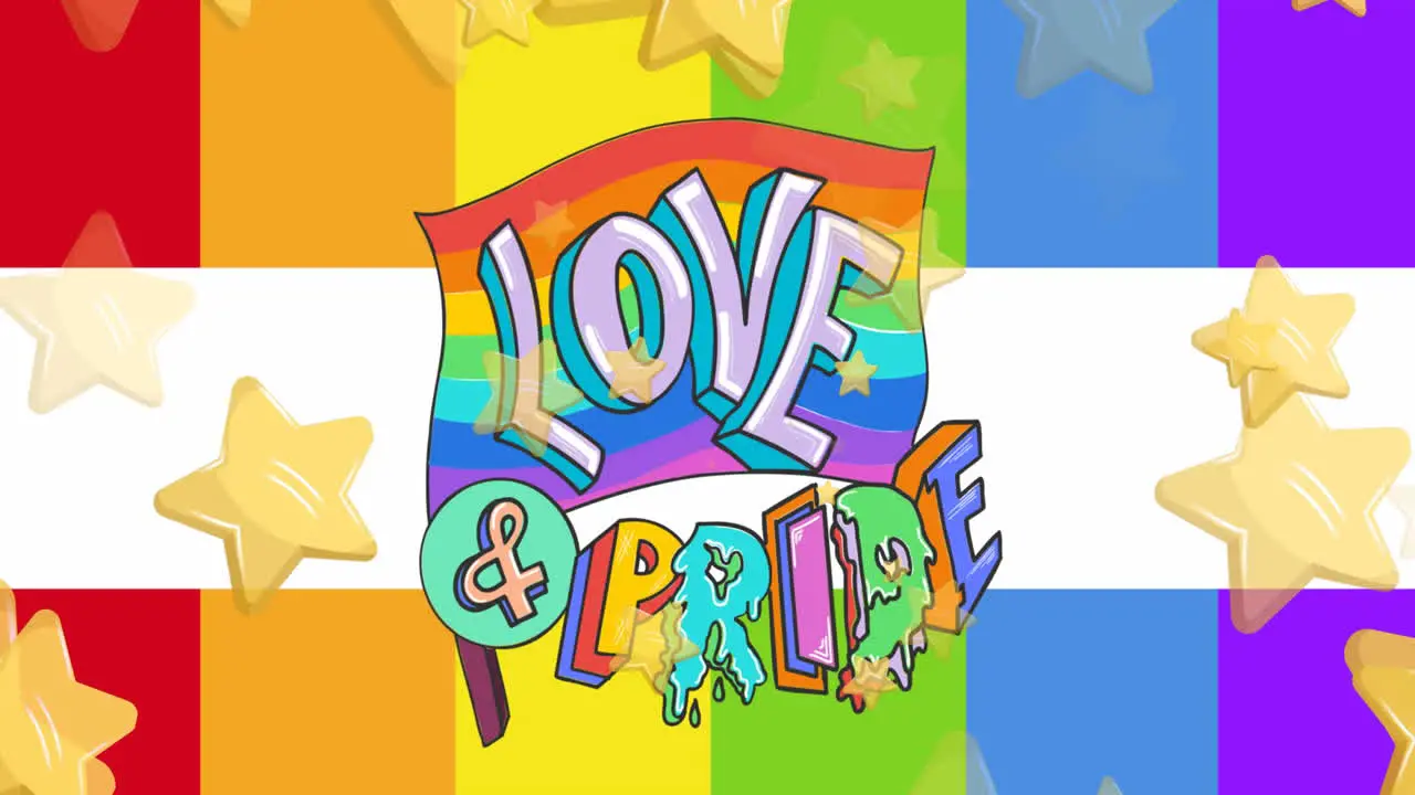 Colorful 'Love & Pride' text overlays a vibrant rainbow background