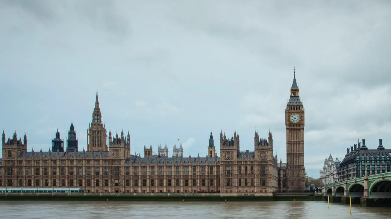 Time-lapse of the Big Ben in London with the Thames river in cloudy weather