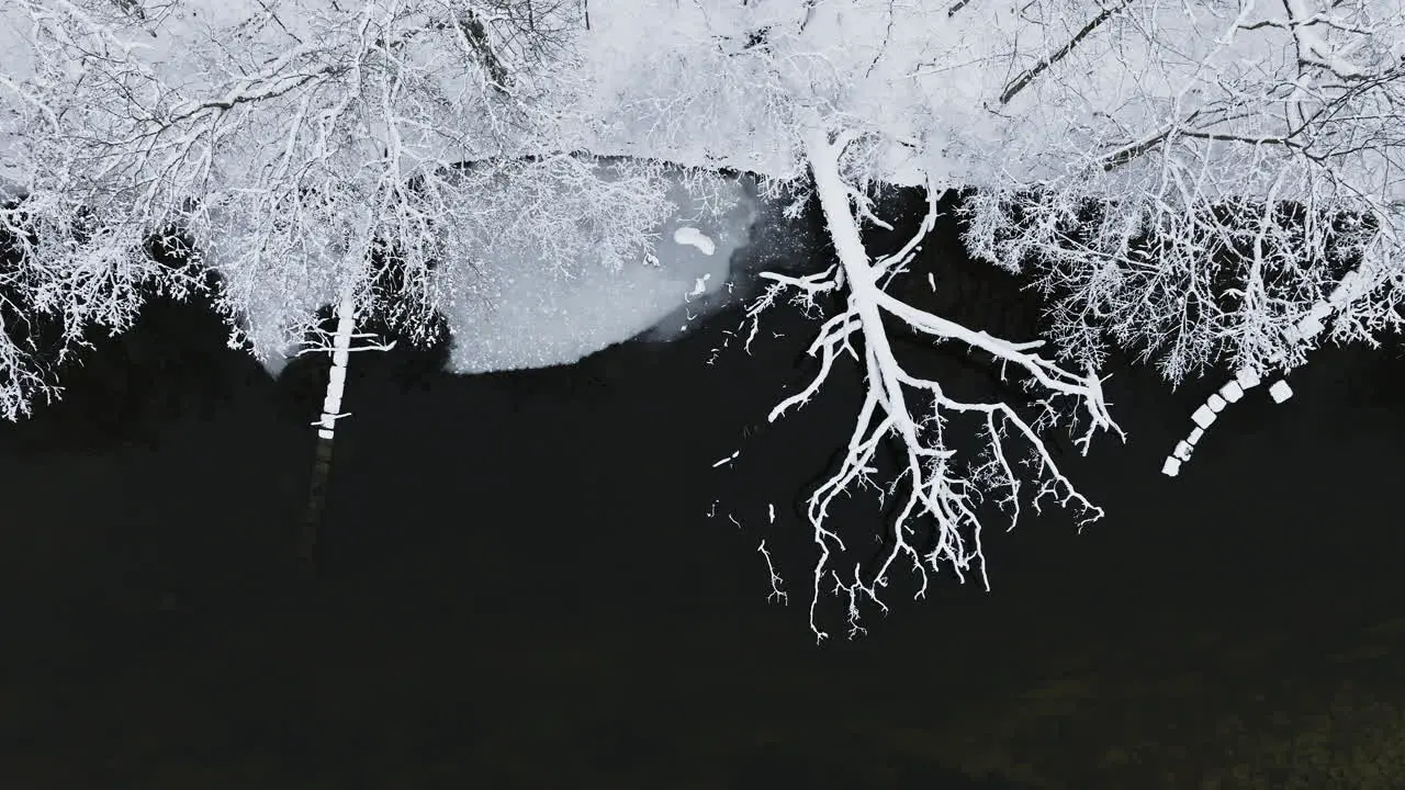 A snowy Huron River Valley unfolds beneath the lens of a soaring drone