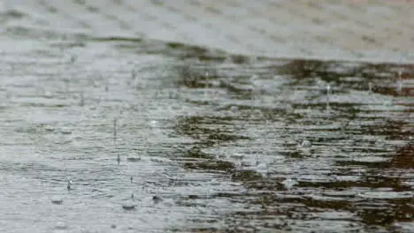 Long Shot of Heavy Rain Falling into Puddle 