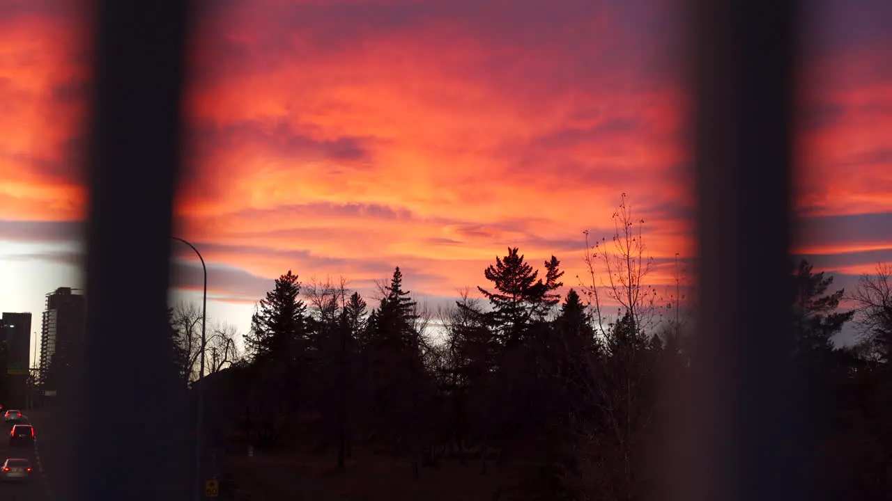 Colourful warm sunrise or sunset in the city during the fall in October in Calgary Alberta Canada