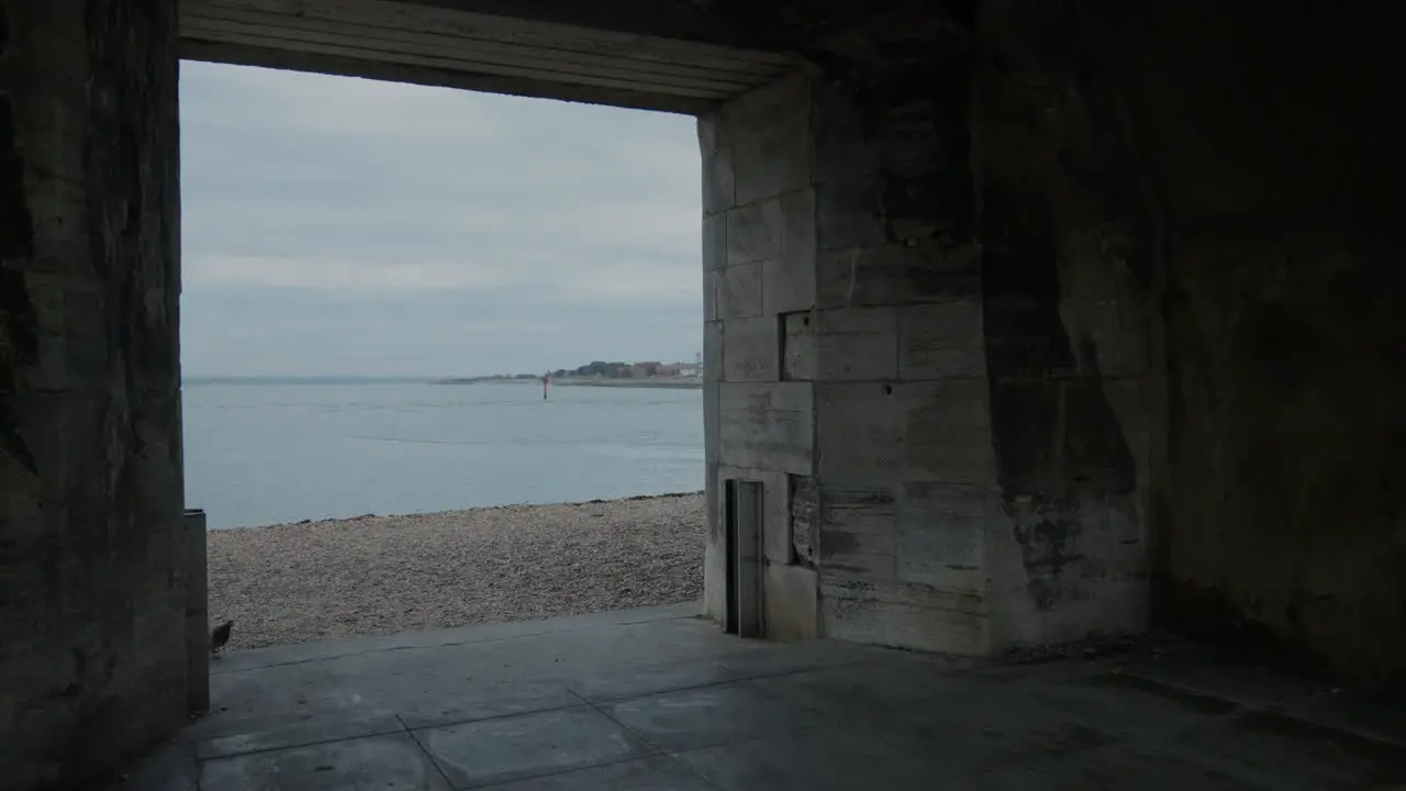 Pigeon walks through the entrance of a seaside tower with the ocean in the background