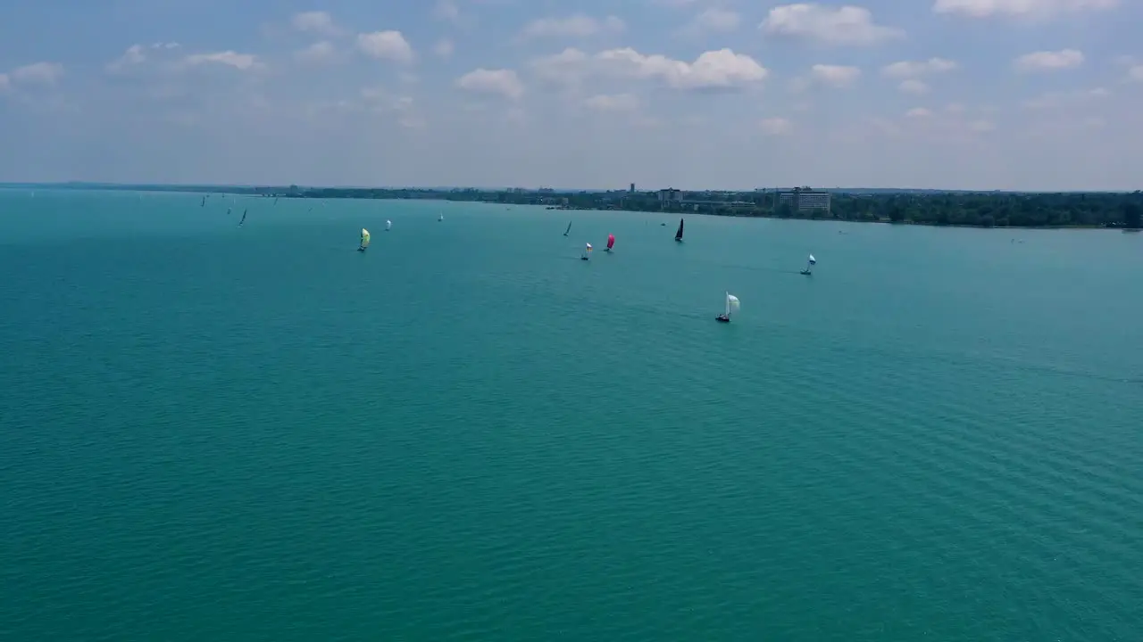 Drone time lapse from the lake Balaton with many sailing boats in nice weather 2