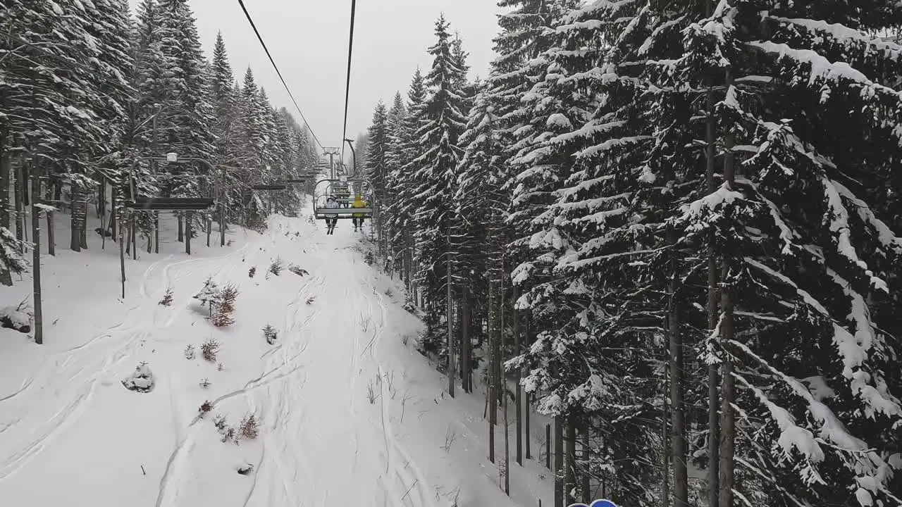 POV Shot Of Skier On Chair Lift Across Snow Covered Mountain And Trees