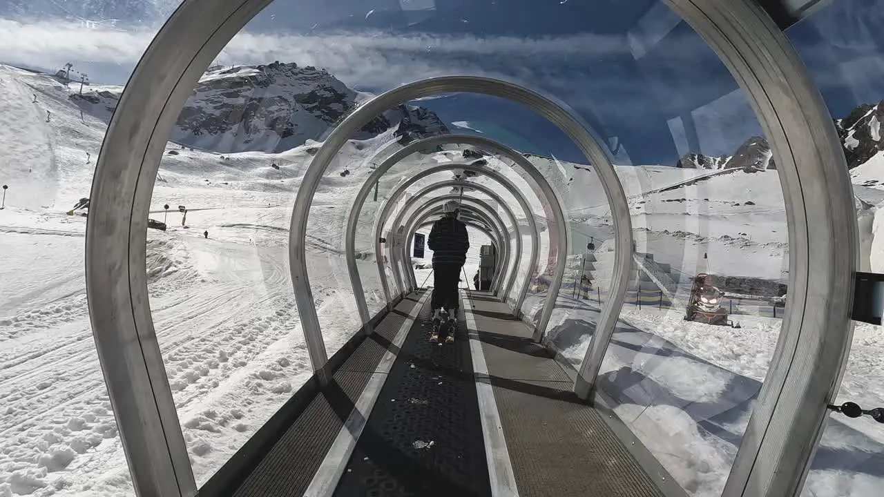 POV Skier On Escalator Moving Stairway On Snow Mountain Solden Austria