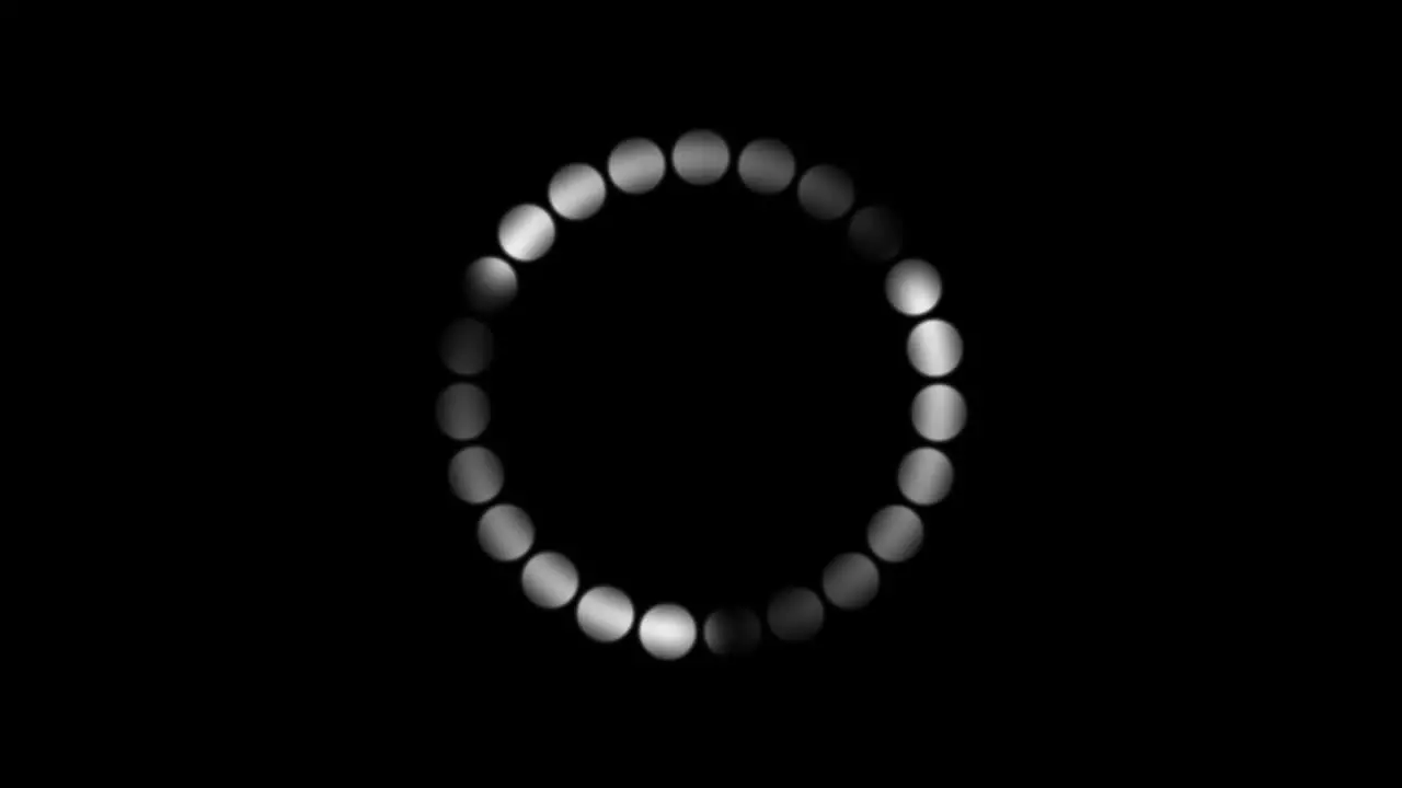 Three slowly spinning nodes behind dots in a circular pattern animation with trails in monochrome