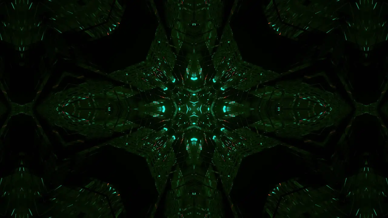 Green color kaleidoscopic sequence abstract with infinite complex patterns on dark background