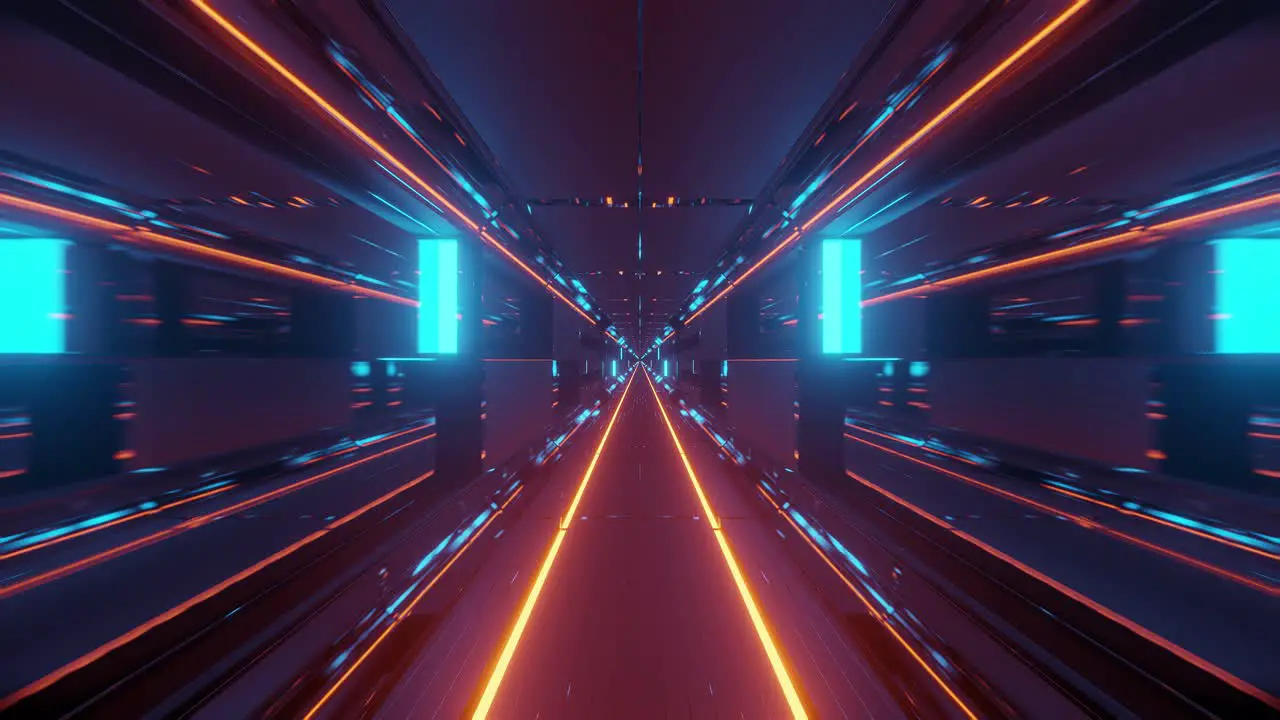 Animation of moving through highly reflective colorful and glowing path giving immersive effect