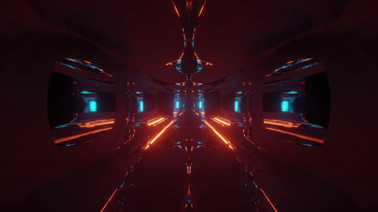 Motion graphics of highly immersive and reflective dark space with blue and orange LEDs illuminating it