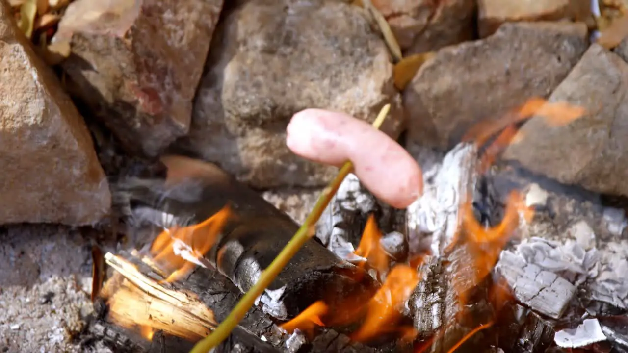 Hot dog roasting over fire and glowing coals 4k