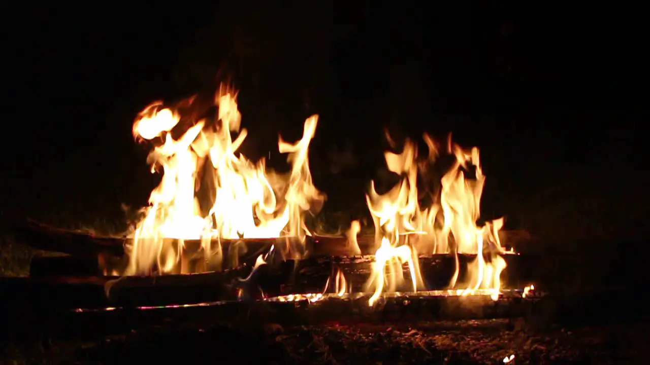 Medium shot of a bonfire in the middle of the night