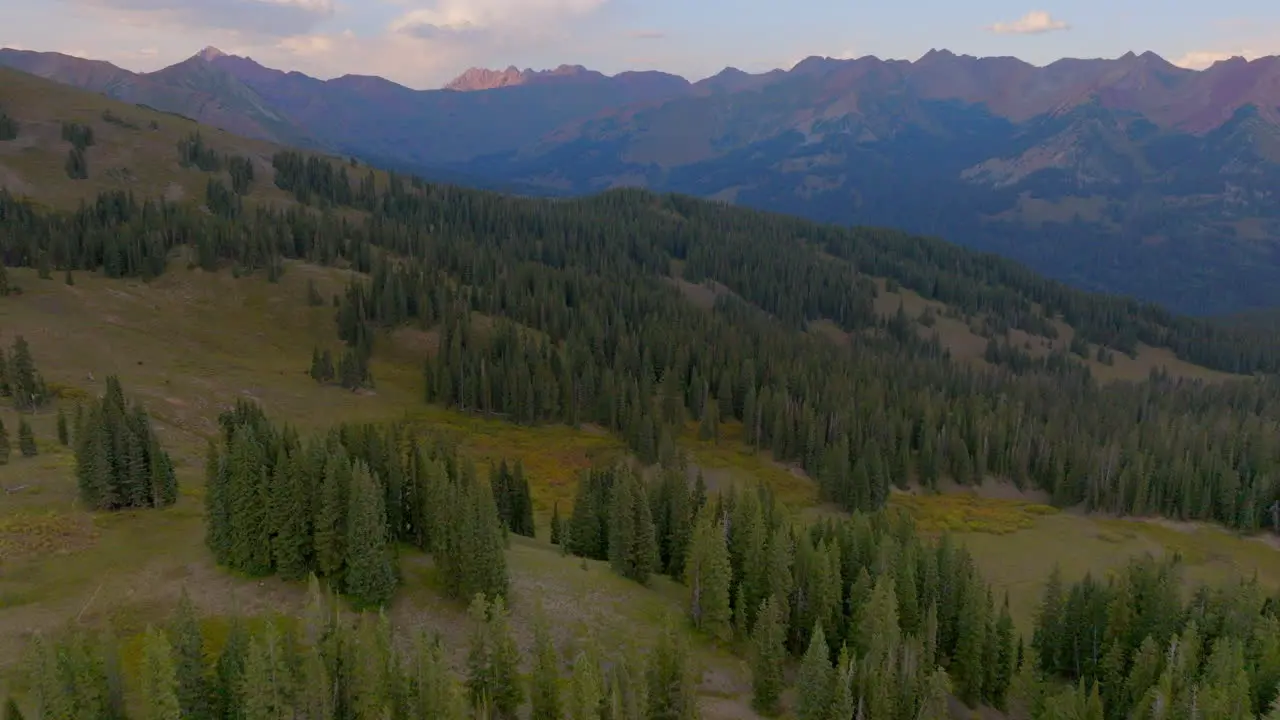 Aerial flying over trees on a ridge and towards mountain peaks in the Colorado Rockies on a beautiful summer day at golden hour