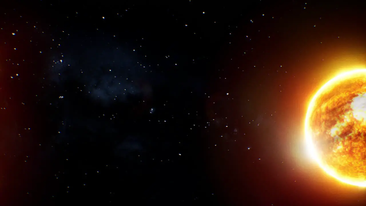 Camera slowly paning and revealing the sun in space with the Milky Way background and stars