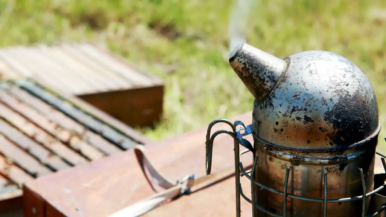 Bee smoker on wooden plank