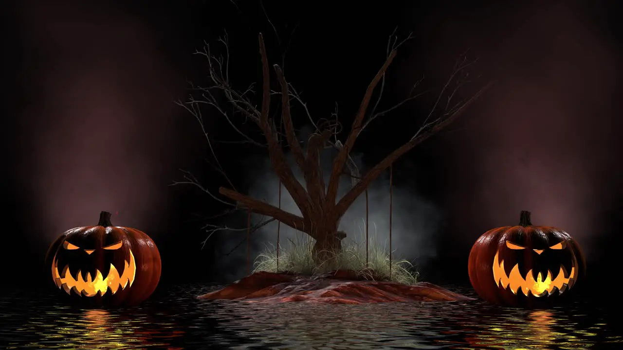 Halloween scary pumpkins with haunted tree dust particles fog and water reflections 3D animation