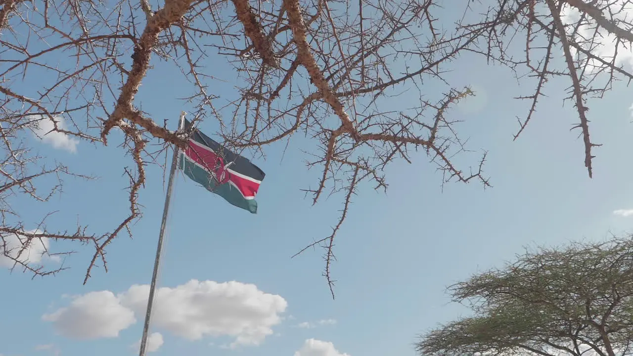 A slow motion sliding shot of the Kenyan flag waving in the wind