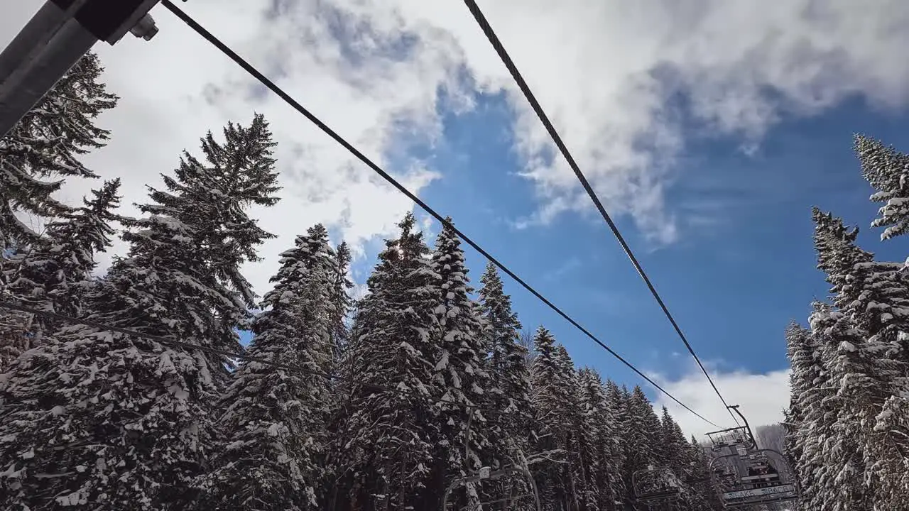 Ski Chair Lift Above Snow Covered Mountain And Trees