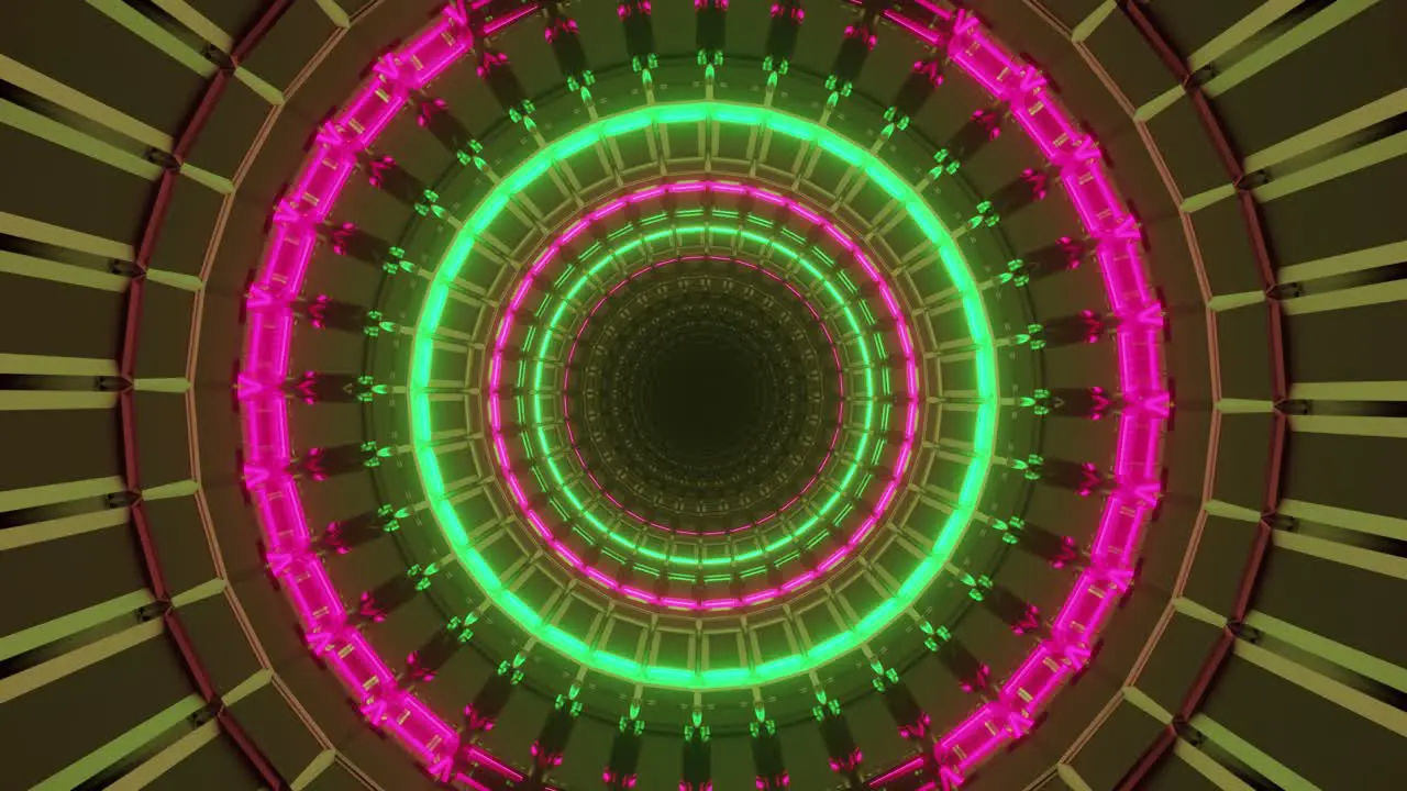 Bright neon circular tunnel revolving centrifugally giving immersive effect