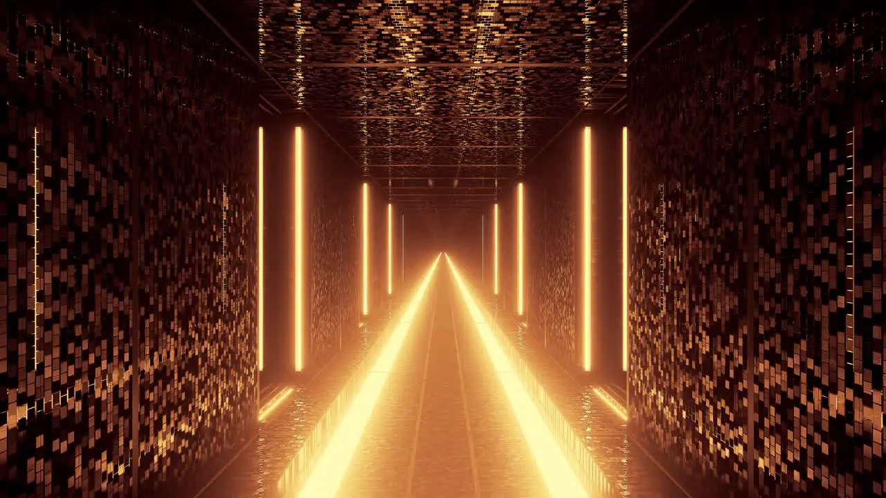 Gliding along brightly lit golden path in futuristic hall way architecture 3d cgi rendered graphic animation