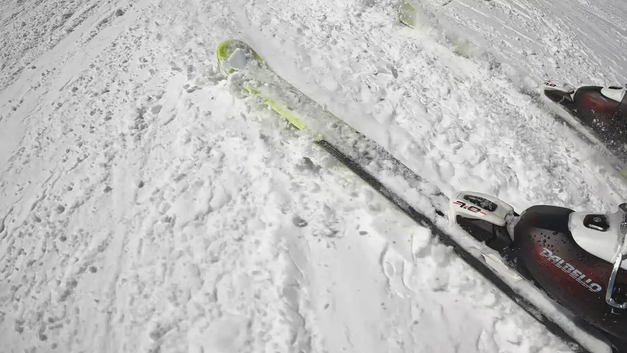 Low Angle POV Skier Skiing Down Snow Mountain Slope Solden Austria 2