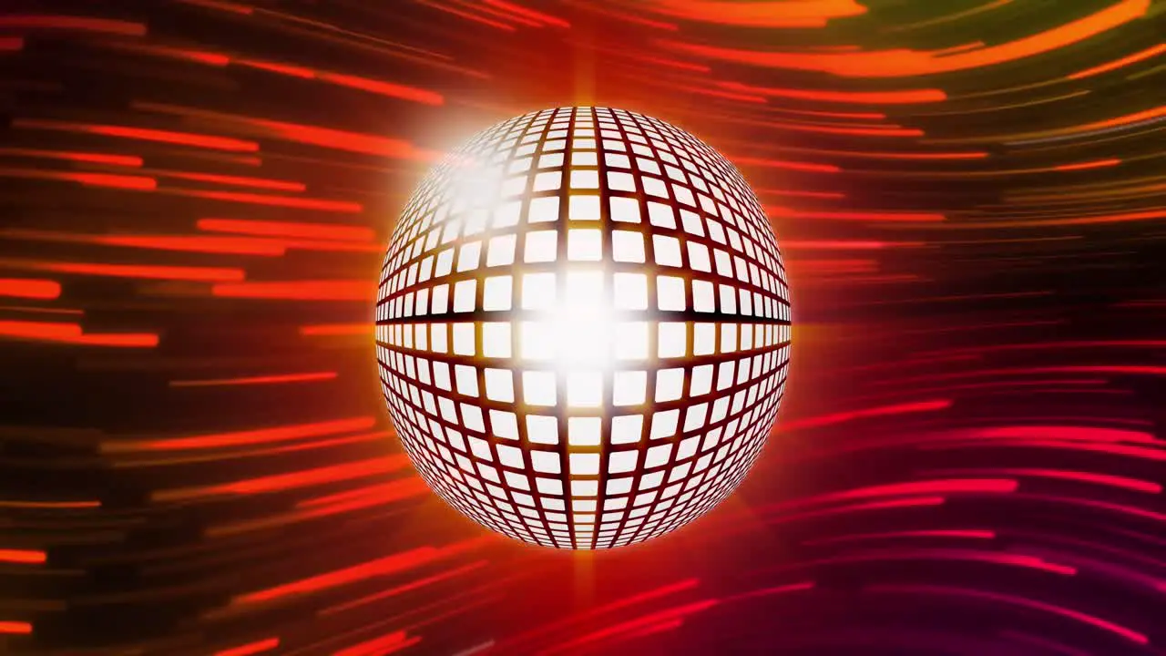 Animation of disco ball over light trails on red and orange light trails background