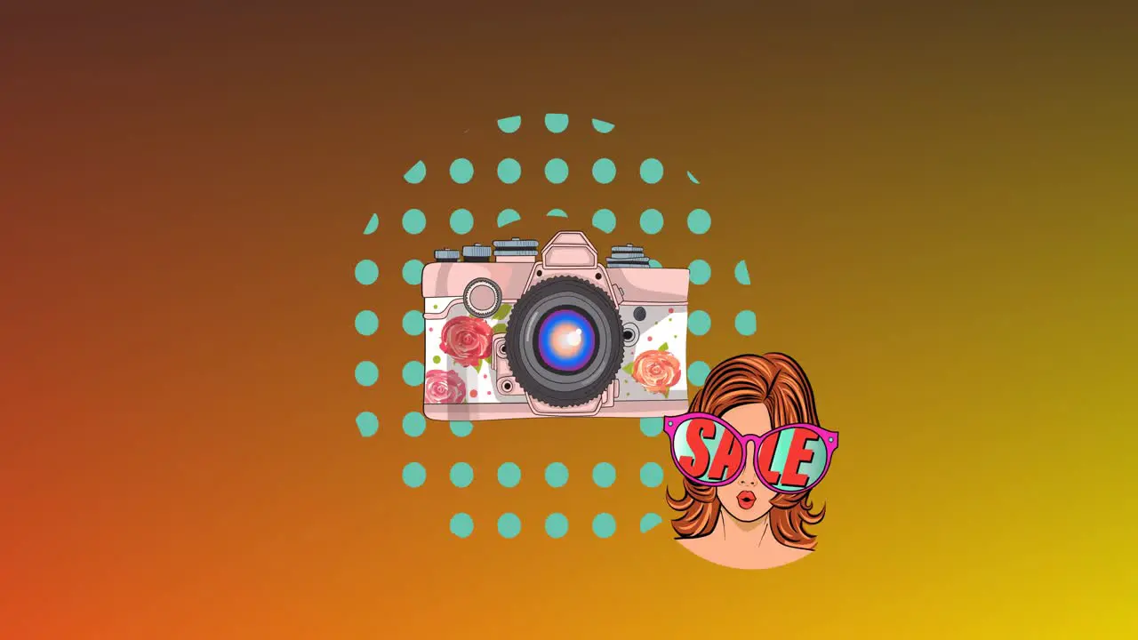 Animation of sale text and camera on orange background