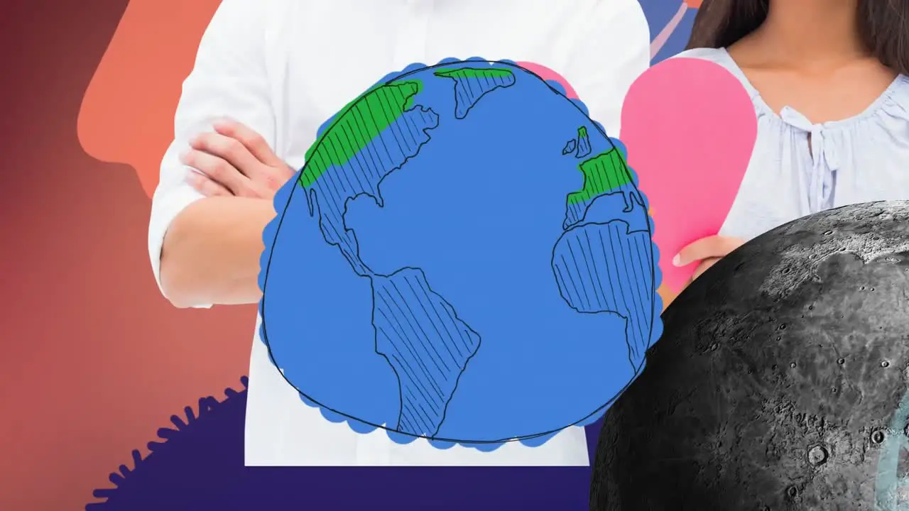 Animation of globe over shapes and diverse couple on orange background