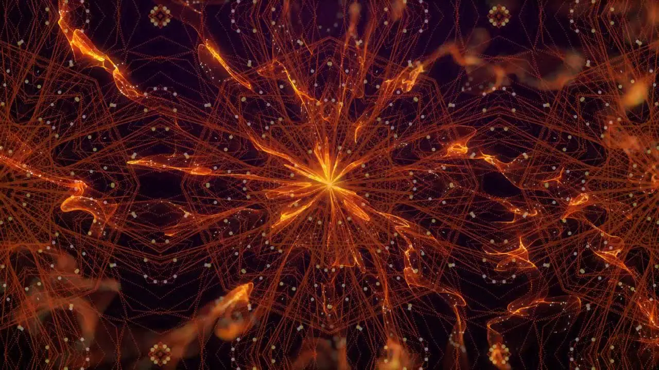 Animation of kaleidoscope with spinning abstract orange light trails with spots