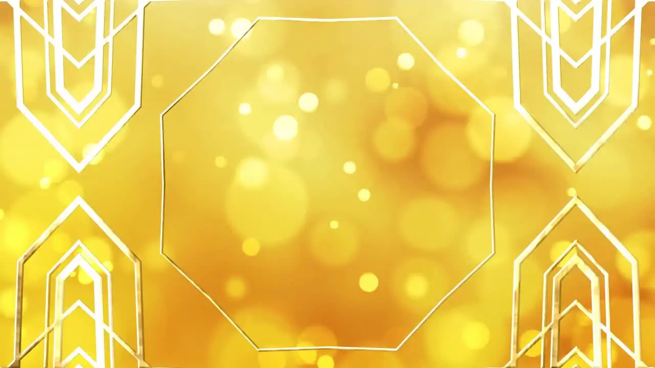 Animation of gold kaleidoscopic shapes over yellow bokeh light spots light on orange background